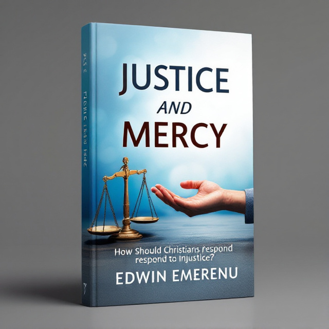 The cover features an image of a scale, symbolizing justice, and a hand offering a helping hand, symbolizing mercy. The scale and hand are positioned diagonally, creating a dynamic and visually interesting composition. The background is a gradient of blue and white, representing peace and spirituality.