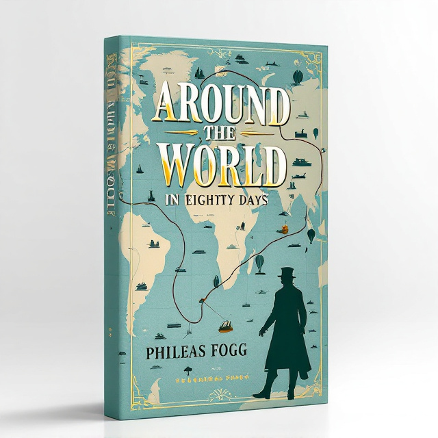 The cover features a world map in muted blues and greens as the background, with route markings indicating the journey. Transportation icons such as ships, trains, and hot air balloons are placed along the route. In the foreground, there is a silhouette of Phileas Fogg, the main character, with a sense of adventure and determination.