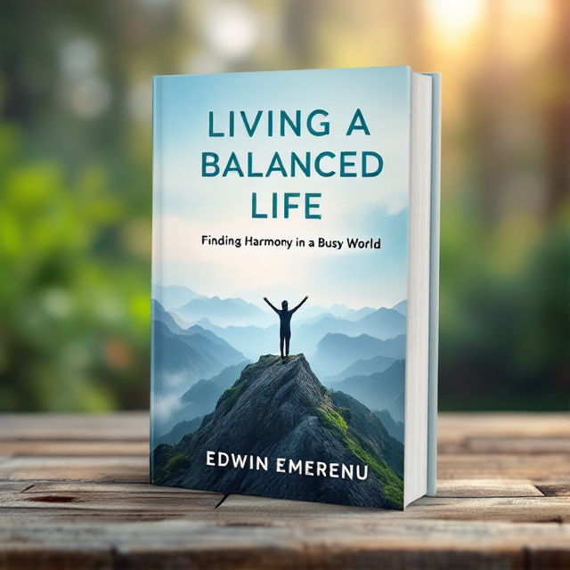 The cover features a serene and balanced scene of a person standing on a mountain peak, surrounded by a beautiful landscape. The colors are calming and harmonious, with a blend of blues and greens. The person is depicted with their arms outstretched, symbolizing balance and harmony in a busy world.