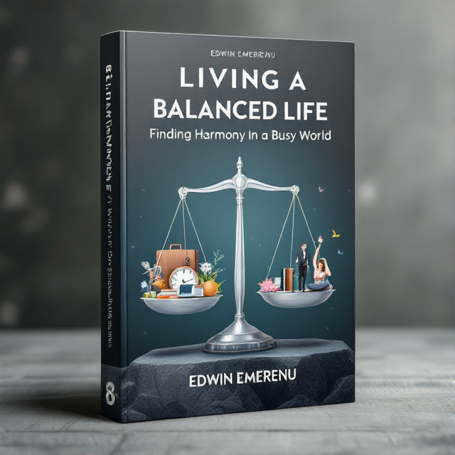 The cover features a balanced scale, with one side holding various elements representing a busy world (such as a clock, a laptop, and a briefcase) and the other side holding elements representing a harmonious life (such as a flower, a book, and a yoga pose). The scale is perfectly balanced, symbolizing the quest for balance in life.