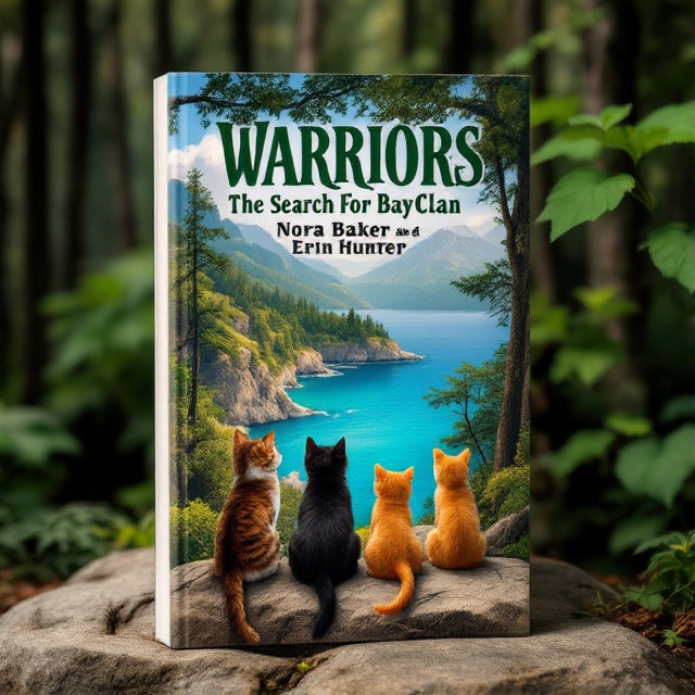 A lush green forest with tall trees and a mountain range in the background, overlooking a sparkling blue bay. On a large rock near the water, there is a brown and white tabby cat, a black cat, an orange tabby kitten, and an orange cat, all facing the horizon with a sense of adventure.