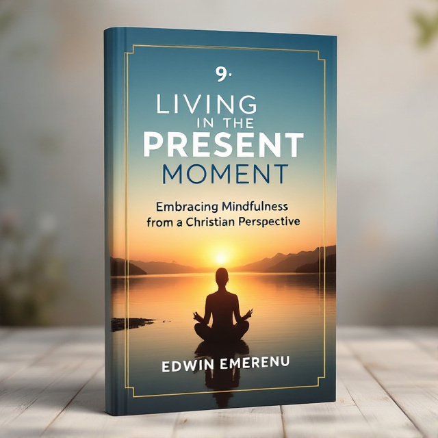 The cover features a serene and peaceful image of a sunset over a calm lake, symbolizing the present moment and tranquility. In the foreground, there is a silhouette of a person meditating, representing mindfulness. The image is framed by a subtle golden border, adding a touch of elegance.