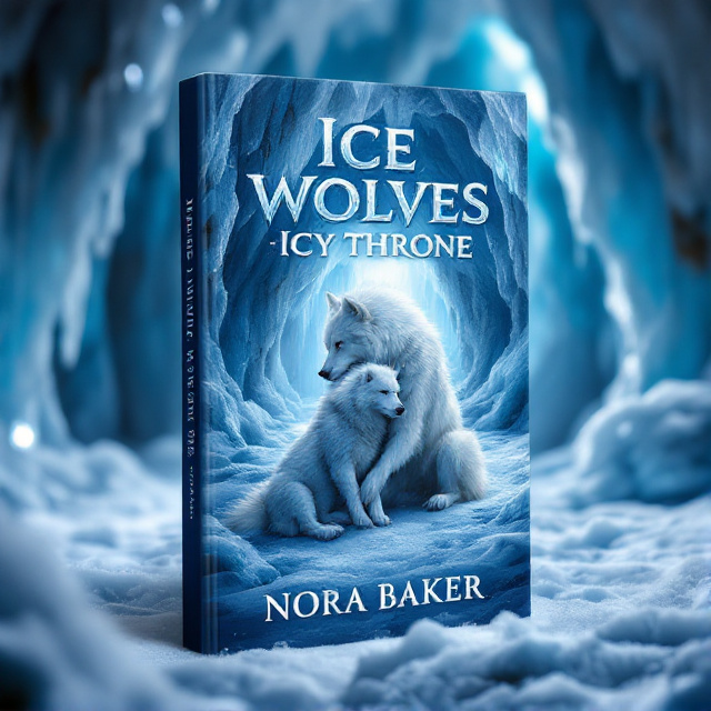 An icy cave is depicted in the background, with crystals lining the walls. In the foreground, an ice wolf is shown holding another ice wolf to the ground.