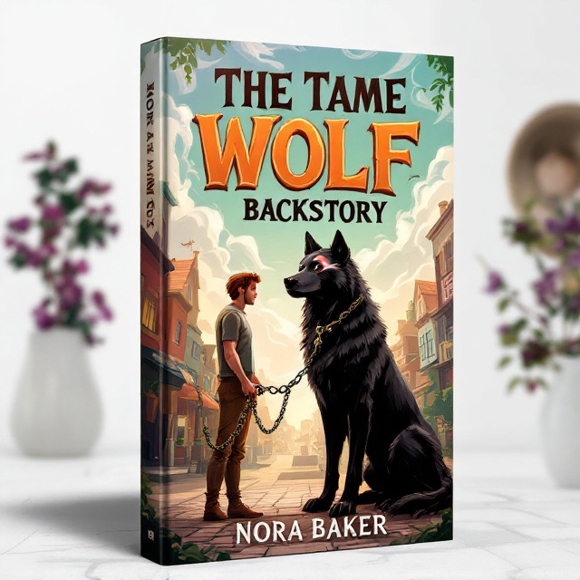 The cover features a scene in a bustling town with cobblestone streets and colorful buildings. In the center of the scene, a human figure is depicted holding a chain leash, attached to a large black wolf with a distinctive gash on his ear. The wolf stands tall and proud, exuding a sense of power and resilience. The sky above is filled with swirling clouds and hints of greenery, representing the fantasy genre and the presence of nature.