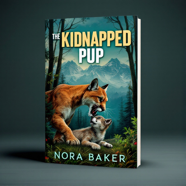 The cover features a stunning image of a cougar with its jaws clenched around a helpless wolf pup, set against a backdrop of towering trees and a majestic mountain range. The colors used are primarily green, blue, and brown, giving the scene a natural and earthy feel.