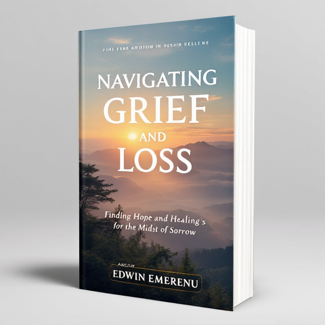 The cover features a serene and calming image of a sunset over a peaceful landscape. The title is prominently displayed in the center of the cover, with the word "GRIEF" and "LOSS" in bold and slightly larger font to emphasize their impact. The author's name is placed at the bottom of the cover.
