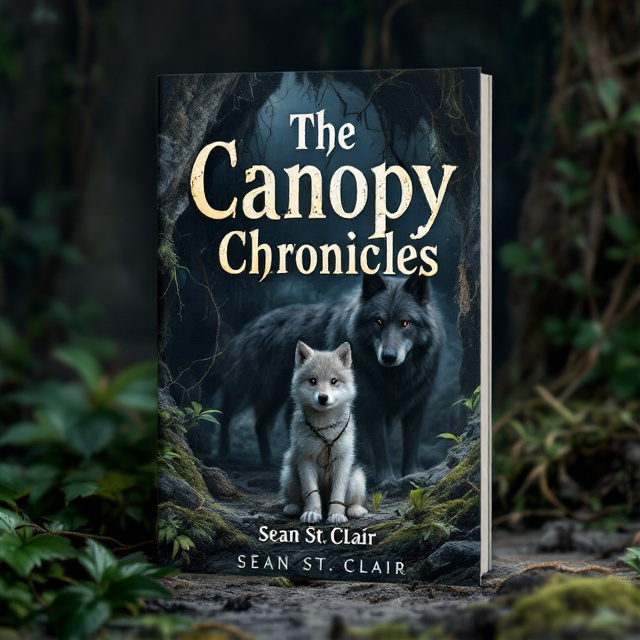 The cover depicts a dark and mysterious cave, with moss-covered rocks and tangled vines. In the foreground, a young wolf pup is shown sitting in the cave, its paws tied together with a thick vine. Behind the pup, a large and imposing dark gray wolf is seen watching with amusement.