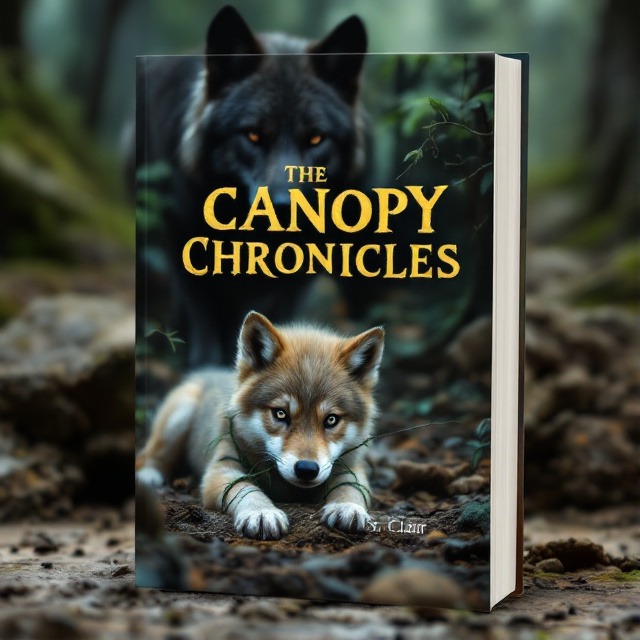 The cover features a close-up image of a young wolf pup lying on its belly in a forest setting, with its paws tied together by a vine. Behind the pup, a large dark gray wolf lurks in the shadows, watching. The background consists of rocks, moss, and mud, creating a mysterious and suspenseful atmosphere.