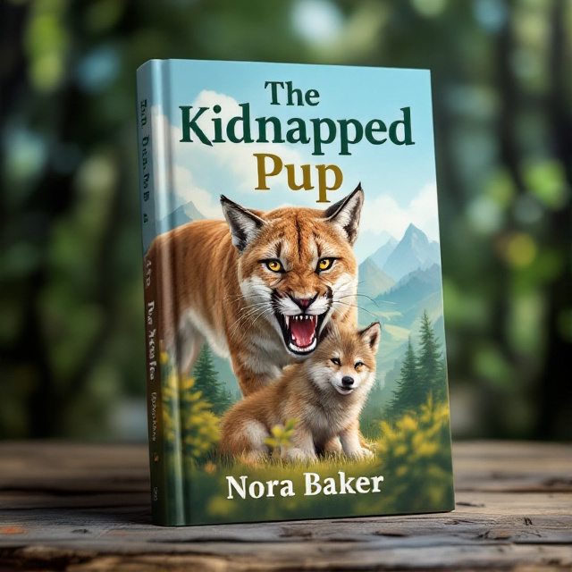 The cover features a large, impactful image of a cougar with its jaws around a helpless wolf pup, set against a backdrop of sky, trees, and mountains. The colors are predominantly green, blue, and brown, creating a sense of nature and adventure.