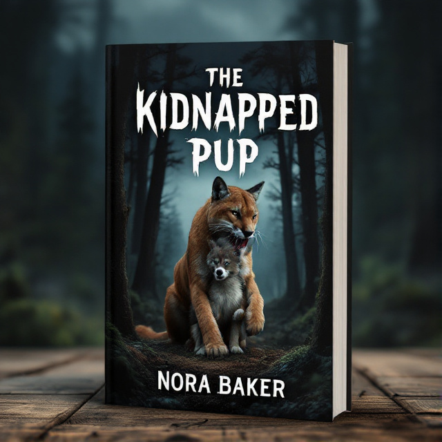 A dark forest with towering trees covers the background of the book cover. In the foreground, there is a powerful image of a cougar carrying a small and helpless wolf pup in its jaws, creating a sense of suspense and danger. The sky above is filled with dark clouds, hinting at the ominous nature of the story.