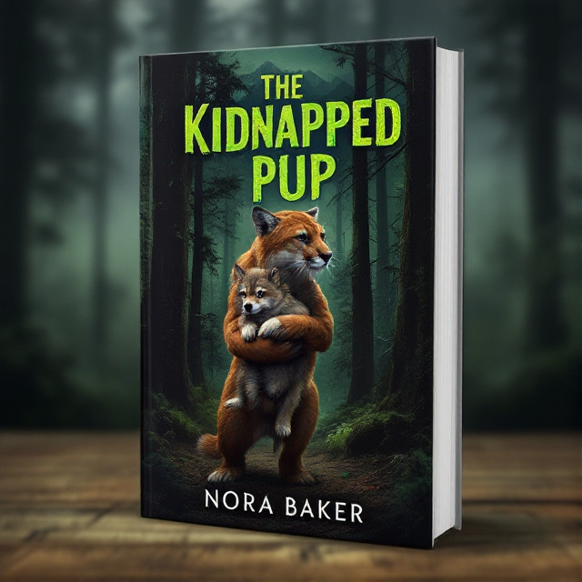 The cover features a dark forest with tall trees in the background, framed by a mountain range. In the foreground, a cougar is shown carrying a small and helpless wolf pup by the scruff. The colors are predominantly green and brown to represent the natural environment.