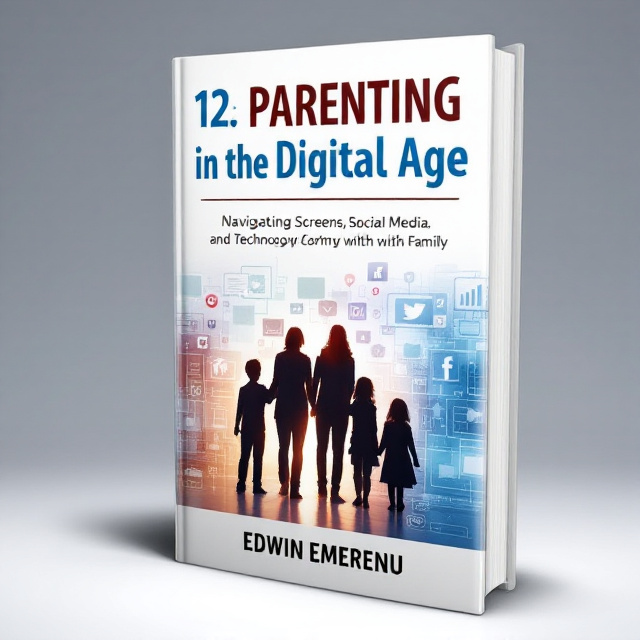 The cover features a modern and clean design with a background of digital screens and social media icons. In the center, there is a silhouette of a family, showing that the book is about parenting. The title is displayed prominently at the top, and the author's name is placed at the bottom.