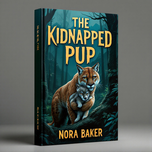 The cover depicts a dark, mysterious forest with tall trees and mountains in the background. In the foreground, a cougar is shown holding a small wolf pup by its scruff, conveying the suspenseful and dangerous situation. The colors used are primarily green and brown, with hints of blue in the sky and shadows.