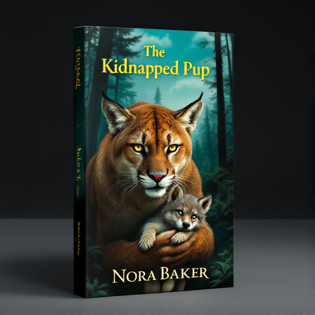 The cover features a dark green forest as the background, with tall trees stretching up towards a cloudy blue sky. In the foreground, a large cougar is shown, its fierce eyes focused on the viewer, holding a small and terrified wolf pup by its scruff. The pup is depicted as helpless and frightened.