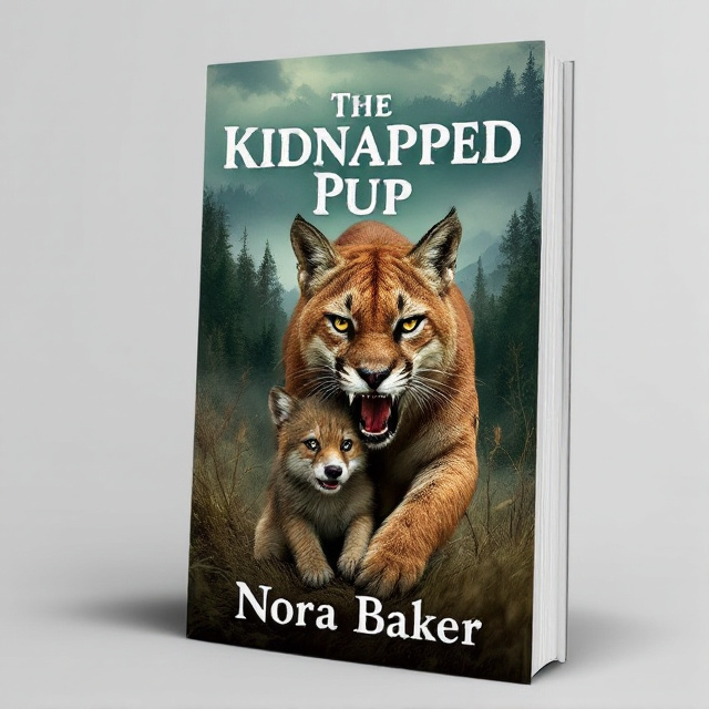 The cover features a striking image of a cougar carrying a small wolf pup in its jaws, heading towards a dark forest. The pup is shown looking terrified, desperately trying to break free. The background showcases a combination of green, blue, and brown hues, representing the sky, trees, and mountains.