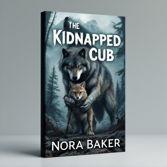 The cover features a large, dominating image of a wolf holding a small lynx cub by its scruff. The wolf is shown dragging the cub into a dark and ominous forest, with tall trees and rugged mountains in the background. The cub's front paws are tied together with a thick vine, highlighting its vulnerability and the suspense of the story.