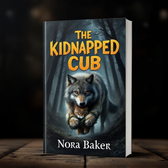 The cover features a dark forest setting with tall trees reaching towards the sky. In the foreground, a wolf is shown gripping a small lynx cub by its scruff, dragging it deeper into the forest. The cub's paws are bound together with a thick vine, and its terrified expression conveys the suspenseful nature of the story.