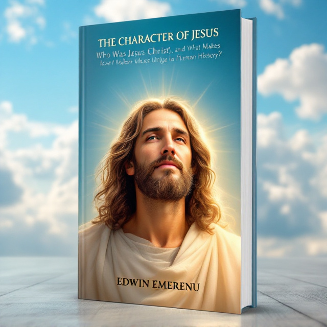 The cover features a close-up image of a gentle, compassionate and wise-looking Jesus Christ with a warm, golden glow surrounding him. The background is a serene blue sky with fluffy white clouds. The title is displayed prominently at the top in bold, elegant font, while the author's name is placed at the bottom in a smaller, more understated font.