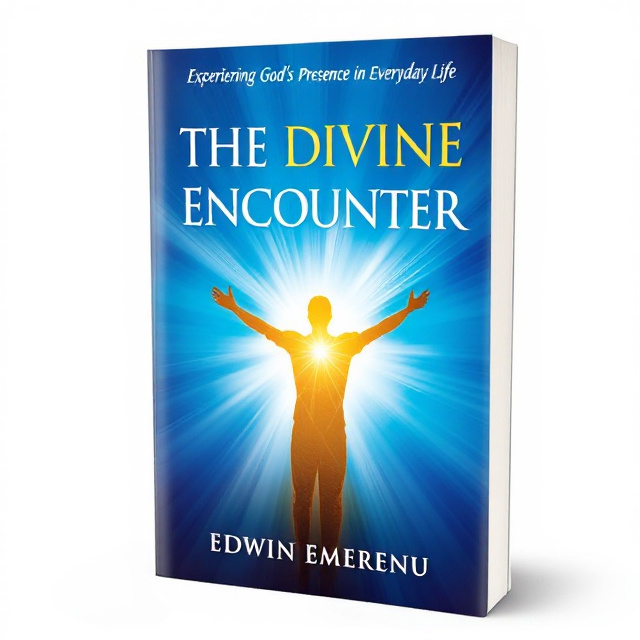 The cover features a golden silhouette of a person with outstretched arms against a vibrant blue background. Rays of light emanate from the figure, creating a sense of divine presence. The title and author name are placed at the top and bottom of the cover respectively, in a clean and modern font.