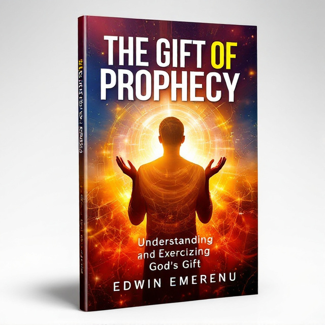 The cover design features a vibrant and eye-catching image of a person with their hands raised in prayer, surrounded by a glowing aura. The image symbolizes the gift of prophecy and the connection with God. The title is prominently displayed in bold letters at the top, with the author's name beneath it. The overall style is modern and dynamic, capturing the essence of spirituality and divine inspiration.
