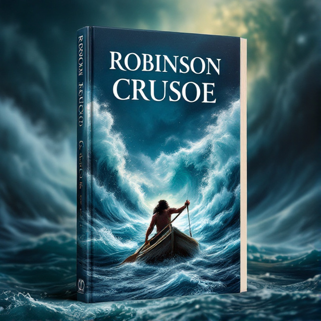 The cover features a dramatic scene of Robinson Crusoe rowing through a tumultuous storm, with towering waves crashing around him. The stormy sea creates a sense of danger and struggle, while Robinson's determined posture portrays his courage and resilience.