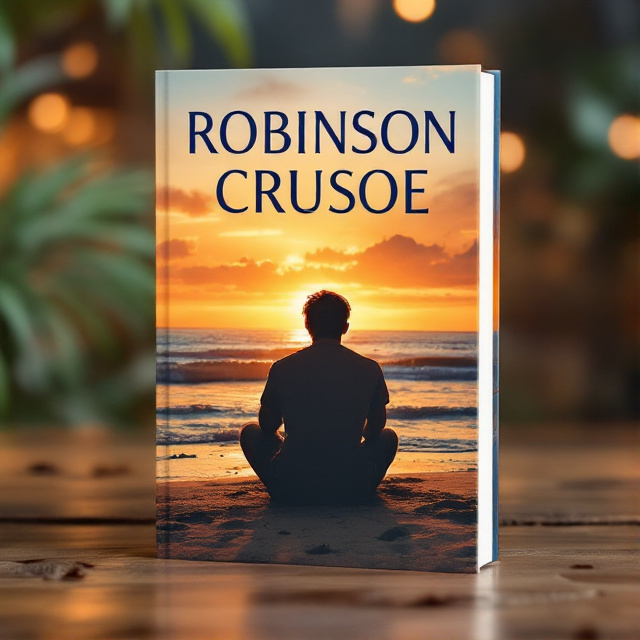 The cover features a serene scene with the silhouette of Robinson sitting on a beach, gazing at the sea, with a vibrant sunset in the background. The warm oranges, golds, and blues create a tranquil atmosphere.