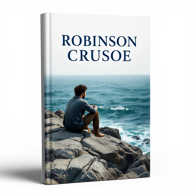 The cover features a close-up profile view of Robinson sitting on a rocky shore, gazing out at the vast ocean. The rocky shore is rugged and weathered, symbolizing his isolation and struggle. The ocean is depicted with deep blues and greens, creating a sense of depth and mystery.