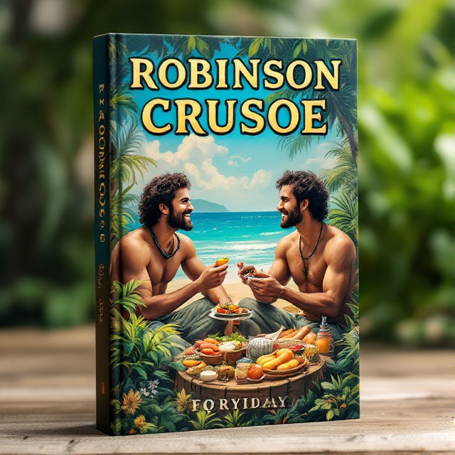 The cover features a vibrant scene of Robinson and Friday sitting together, sharing food and engaging in conversation. They are surrounded by lush vegetation, with the ocean visible in the background. Robinson is shown smiling, while Friday appears attentive. The colors of the scene are predominantly greens, blues, and yellows, creating a sense of tranquility and adventure.