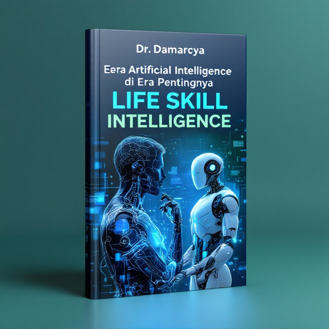 The cover features a collaboration between a human and a robot, symbolizing the integration of life skills intelligence with artificial intelligence. The human is shown deep in thought, surrounded by a futuristic technology interface. The robot stands beside the human, representing the collaborative partnership between humans and machines.