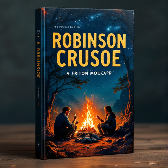 The cover features a warm, inviting campfire scene with Robinson and Friday sitting together, sharing food and stories. The orange and yellow flames flicker against the deep blue night sky, creating a sense of adventure and camaraderie.
