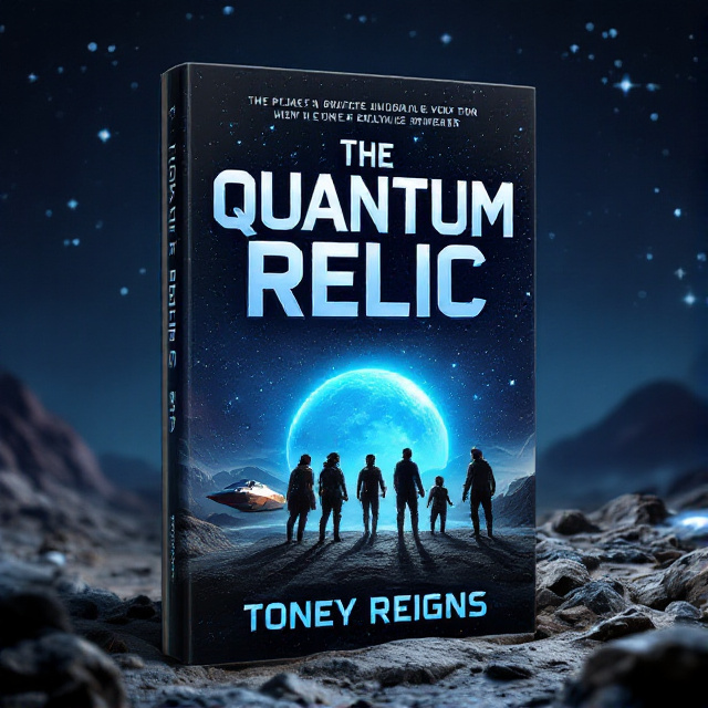 A crew of space pirates standing on a rocky planet, with their spaceship parked in the background. The planet has a mysterious blue glow, indicating the presence of the quantum relic. Stars are scattered across the dark sky, adding to the sense of adventure and wonder.