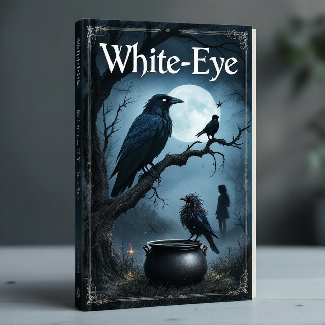 A large white-eyed crow perched on a dead tree branch, with a magpie with messy feathers sitting below it. A cauldron is placed at the base of the tree. In the background, a girl and a bird are silhouetted against a dark sky.
