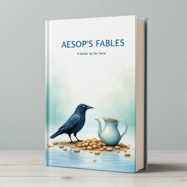 The cover features a white background with a soft blue and green color gradient at the top, transitioning into a light grey at the bottom. In the center of the cover, there is an illustration of a crow beside a pitcher, gazing intently at the water's surface. Scattered pebbles surround the pitcher, indicating the crow's ingenuity.