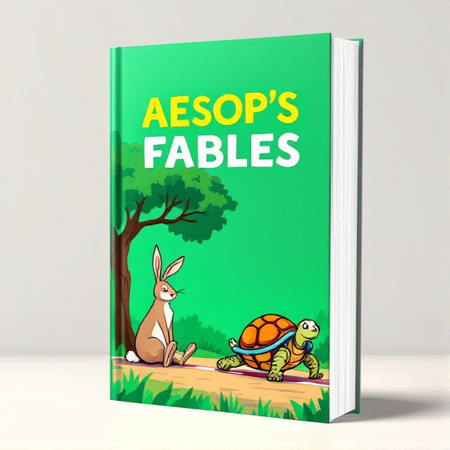 The cover features a vibrant green background with an illustration of a relaxed hare sitting under a tree, while a determined tortoise steadily advances towards the finish line in the foreground. The contrast between the two characters creates a sense of tension and determination.