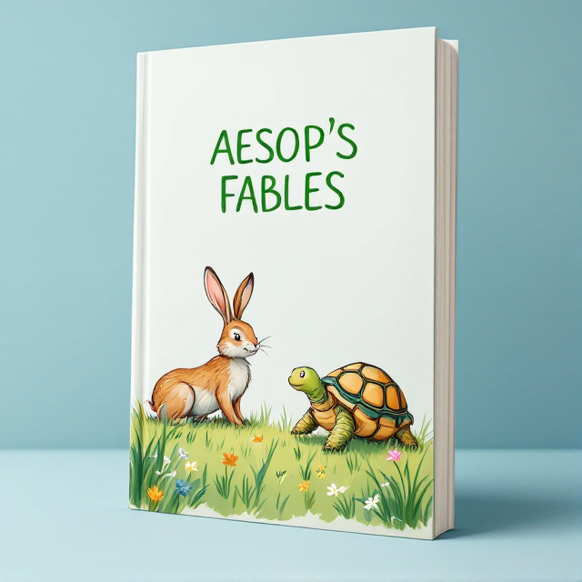 The cover features a white background with a vibrant illustration of a hare and a tortoise. The hare is shown napping on lush green grass, while the tortoise is depicted striding forward determinedly on its own lane towards the finish line.