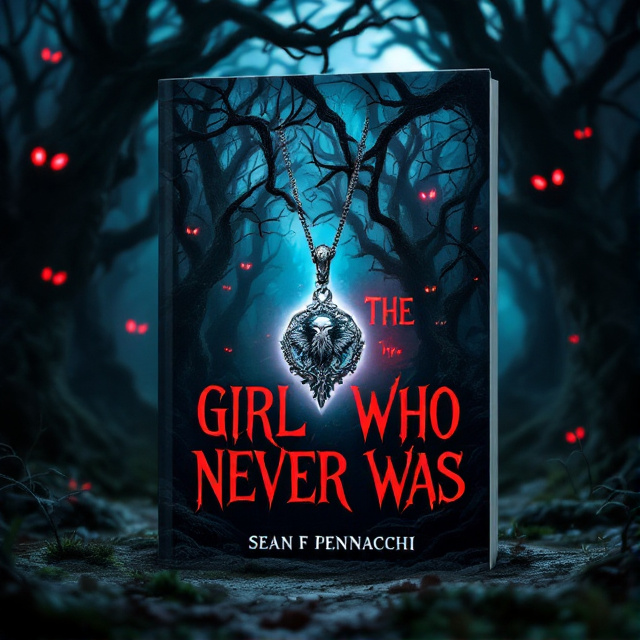 A dark and eerie forest with twisted trees and glowing red eyes peeking through the darkness. In the center, a silver pendant of a Mockinglark hangs from a branch, emanating an otherworldly glow.