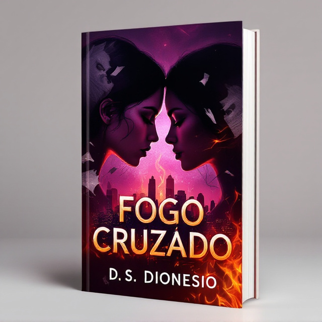 The cover features a close-up of two stylized female figures, their faces turned towards each other, representing the connection and intense emotion between the protagonists. The figures are overlaid on a background of deep red and purple tones, with shadows and hints of fire, creating a sense of danger and passion. The cityscape is subtly visible through the flames, symbolizing the challenges and conflicts they face. Investigative symbols like torn paper fragments and a lupa are scattered around the figures to convey the mystery element.