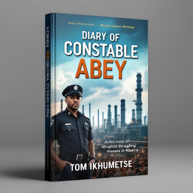 A refinery and oil facility in the background, with a police officer in a black uniform standing in front. The struggling masses in Nigeria are depicted at the base of the cover.