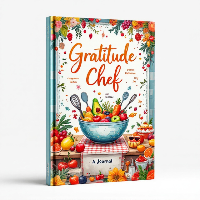 The cover features a vibrant and colorful illustration of a chef's kitchen. In the center, there is a large bowl filled with ingredients like compassion, patience, and joy. Around the bowl, there are culinary tools like whisks and spoons, as well as playful food doodles like a smiling avocado and a carrot with sunglasses. The background is adorned with patterned borders resembling tablecloths, and there are scattered ingredients like fruits, cupcakes, and herbs.