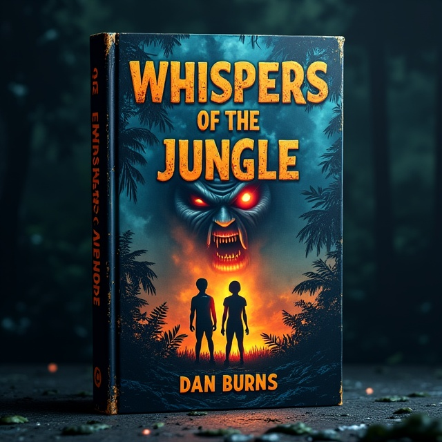 The cover features a dark jungle scene as the background, with dense foliage and shadowy trees. In the foreground, two children stand illuminated by torchlight, their faces filled with fear. In the background, a looming figure with glowing red eyes and a mouth dripping with blood adds a sense of danger and menace. A broken sword or a cracked shield is positioned at the bottom, symbolizing the shattered peace of the village.