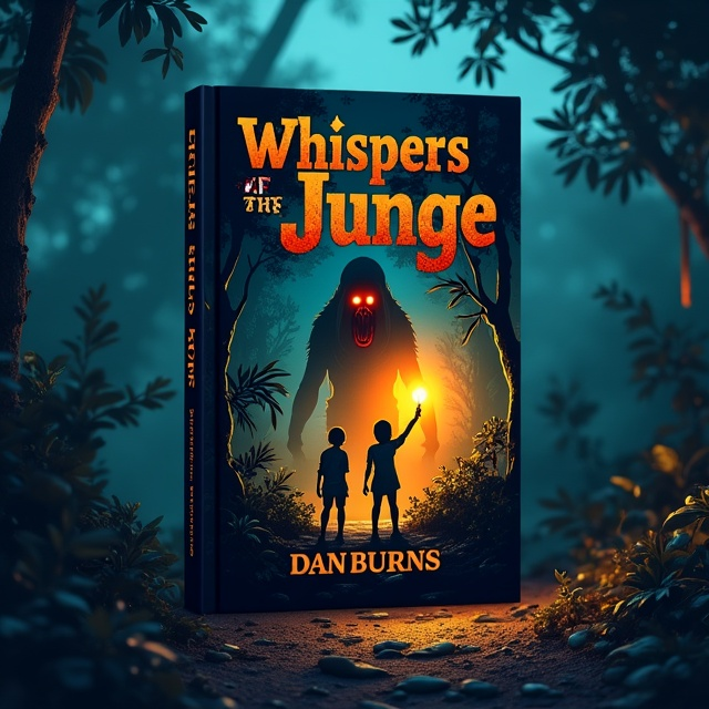 The cover features a dark jungle scene as the background, with dense foliage and shadowy trees. In the foreground, two children stand illuminated by torchlight, their faces filled with fear. In the background, a looming figure with glowing red eyes and a mouth dripping with blood adds a sense of danger and menace. At the bottom, a broken sword symbolizes the shattered peace of the village.