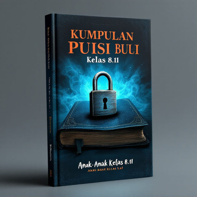 The cover features a bold and intense image of a closed book with a mysterious lock on it. The lock is slightly opened, revealing a glimpse of the intriguing contents inside. The image is placed against a dark blue background, symbolizing the thriller and suspense genre. The title "Kumpulan Puisi Kelas 8.11" is prominently displayed at the top of the cover, in an elegant yet slightly distorted font. At the bottom, the author's name "Anak-Anak Kelas 8.11" is written in a handwriting style font, adding a personal touch to the design.