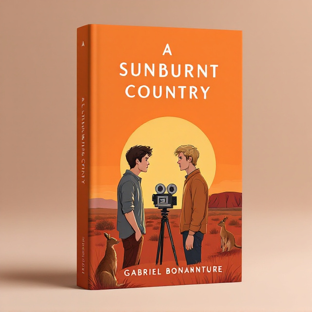 The two young men are positioned in the center of the cover, facing each other in a minimalist cartoon design. The orange sunset with a gradient of colors serves as the background. Uluru, the iconic Australian landmark, is depicted in the background, representing the setting of the book. An alert kangaroo is positioned in the foreground, adding a touch of adventure to the design. The blond man holds an old reel-to-reel video camera on a tripod, symbolizing the yearning and love captured in the story.