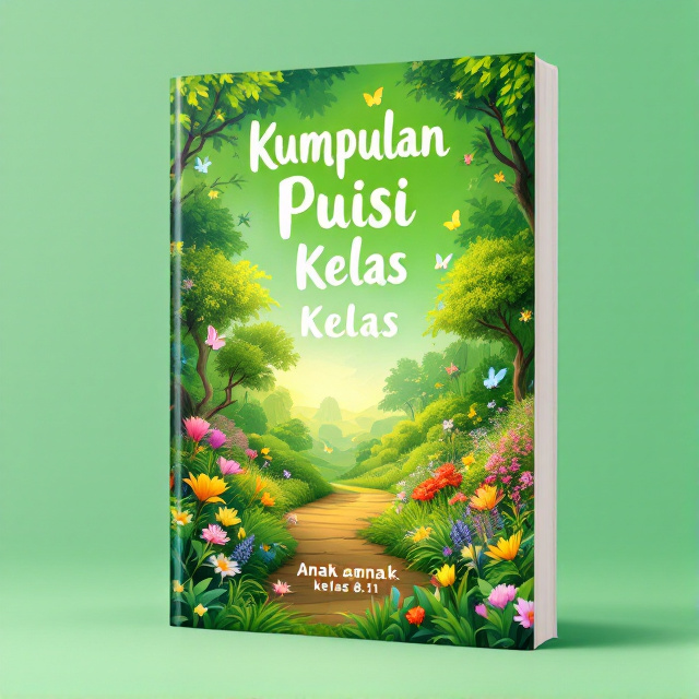 The cover features a vibrant green background with a beautiful garden scene in the center. The garden is filled with lush trees, colorful flowers, and fluttering butterflies. The title "Kumpulan Puisi Kelas 8.11" is prominently displayed at the top, while the author's name "Anak anak kelas 8.11" is placed at the bottom.