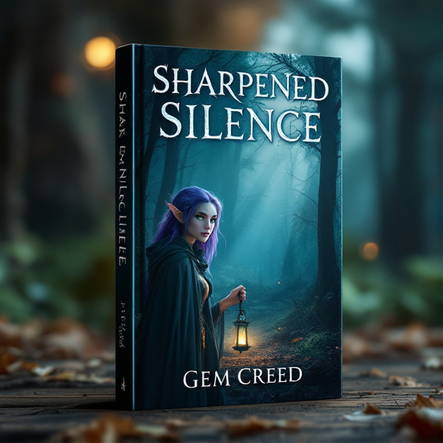The cover features a misty forest with rays of light shining through the trees. In the foreground, there is a purple-haired female elf with light green eyes, wearing a cloak and holding a lantern. She appears anxious and cautious, as if she is searching for something or someone.