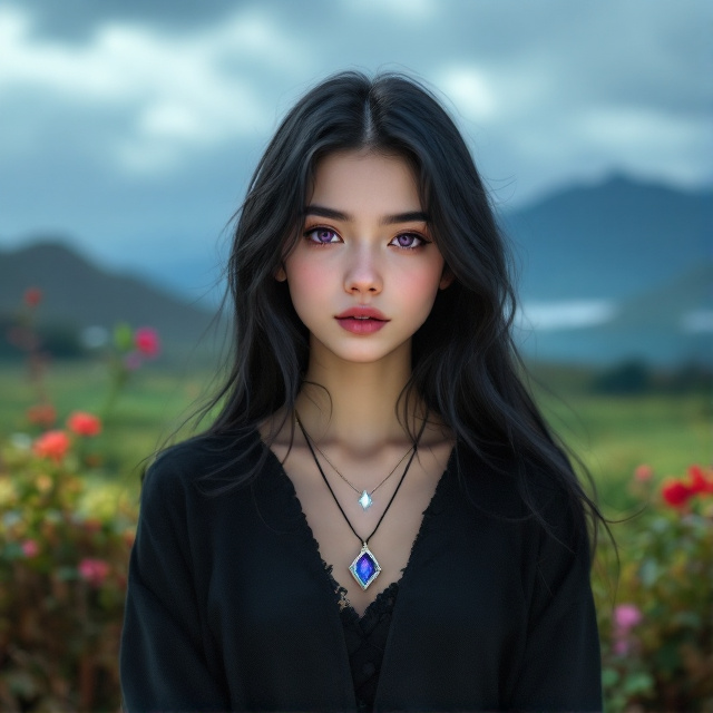 The cover features a teenage girl standing in front of the rural scenery of Japan. She has long black hair, fair skin, and striking purple eyes. The girl is depicted as quiet and introspective. Her necklace, which resembles a glowing diamond, is prominently displayed, symbolizing the mystical element of the story.
