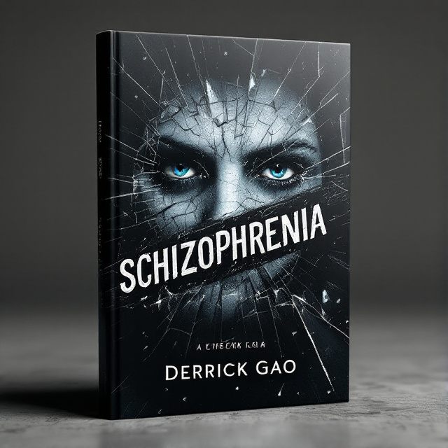 The cover features a shattered glass effect, with shards of glass scattered across a dark background. In the center, there is a pair of gauged eyes, filled with a sense of paranoia and fear. The title "Schizophrenia" is placed diagonally across the cover, with the author name "Derrick Gao" positioned at the bottom.