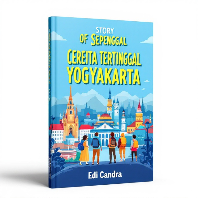 The cover features a vibrant blue background with a scenic illustration of the city of Yogyakarta. In the foreground, four friends are depicted exploring famous landmarks, creating a sense of adventure and excitement. The title is displayed prominently in bold, eye-catching typography, with the author's name placed below.