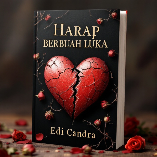 The cover features a close-up image of a broken heart, with cracks and tears visible. The heart is surrounded by wilted roses and thorny vines, symbolizing the pain and longing of unrequited love. The background is a dark, moody coklat color, adding to the emotional intensity of the cover.