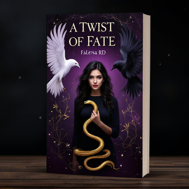The cover features a young woman standing in the center, surrounded by a white raven on her left and a black raven on her right. A golden snake coils around her wrist, symbolizing both danger and transformation. The background is a plum-colored gradient, fading from dark to light, representing the emotional journey of the protagonist.